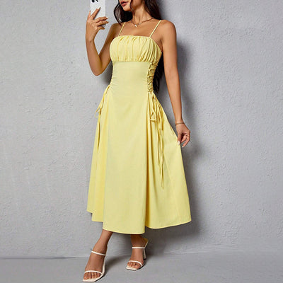 Elegant Drawstring Ruched Cami Midi Dress