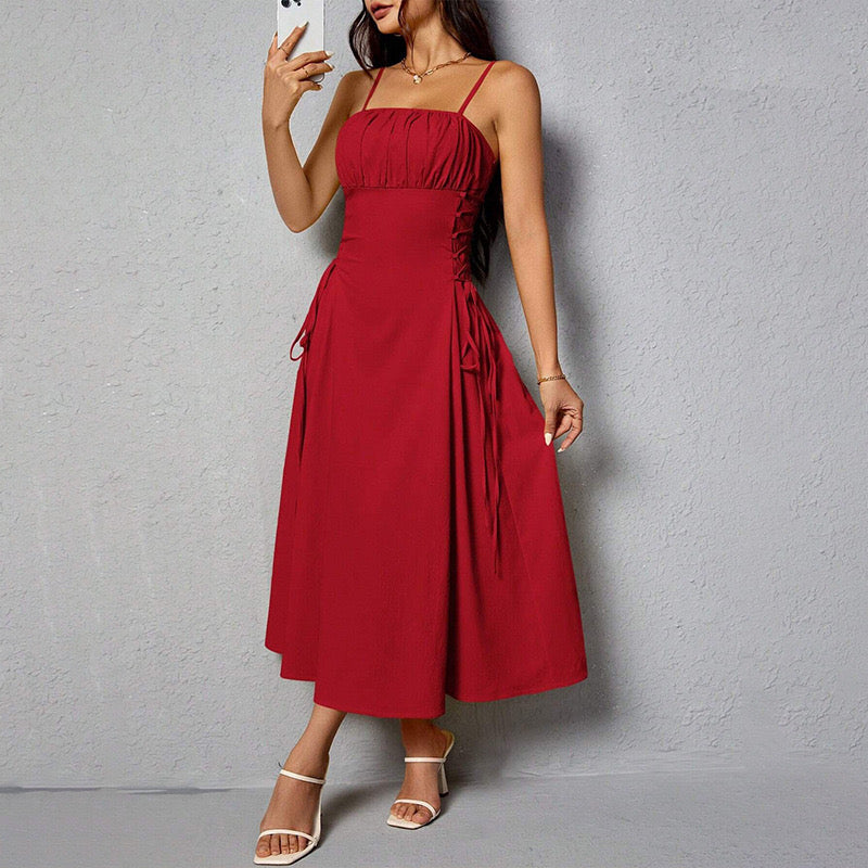 Elegant Drawstring Ruched Cami Midi Dress