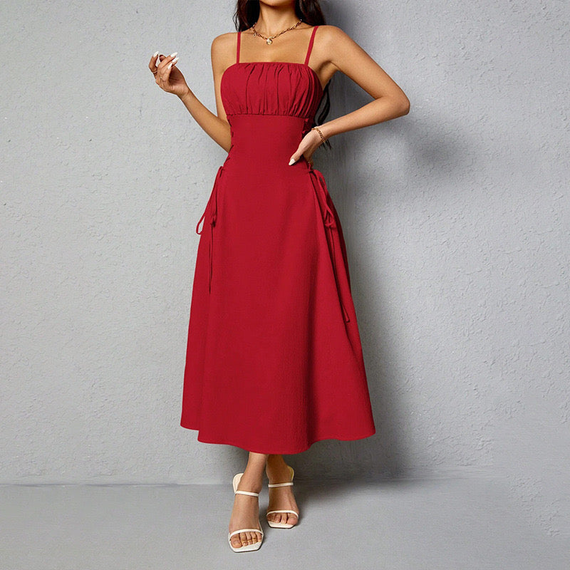 Elegant Drawstring Ruched Cami Midi Dress