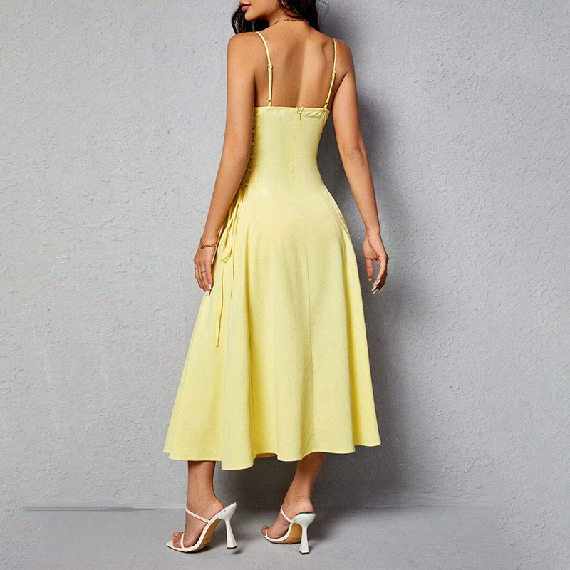 Elegant Drawstring Ruched Cami Midi Dress